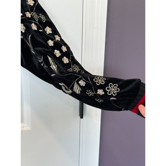 Miss Me Velour Embroidered Bomber Jacket Black with red trim Size Small - Picture 5 of 11